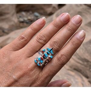 Zuni Kachina Inlay Ring Sterling Silver Multi Stones Signed Jewelry Sz 9.5US